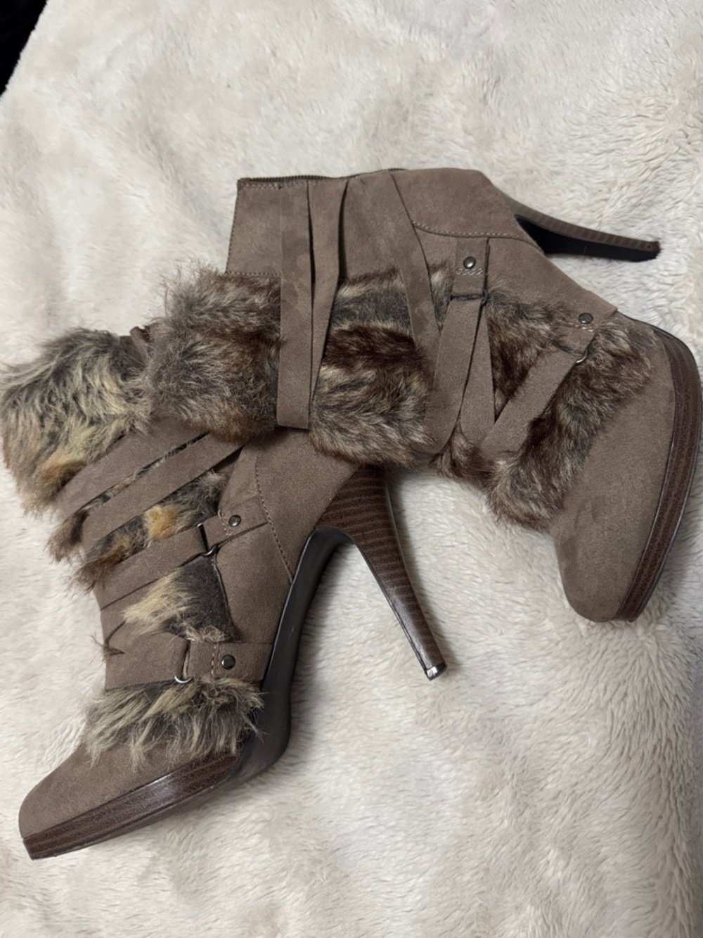 Material Girl | Taupe Faux-Fur Strappy Suede Stiletto Ankle Boots | 8
